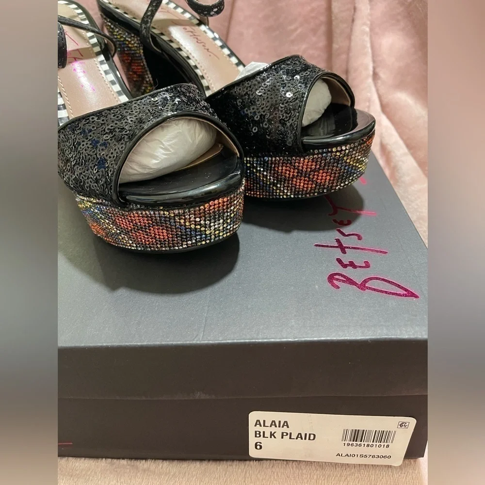 Betsey Johnson Alaia Black Plaid Sequin Crystal Platform Heels Sz. 6 BNIB